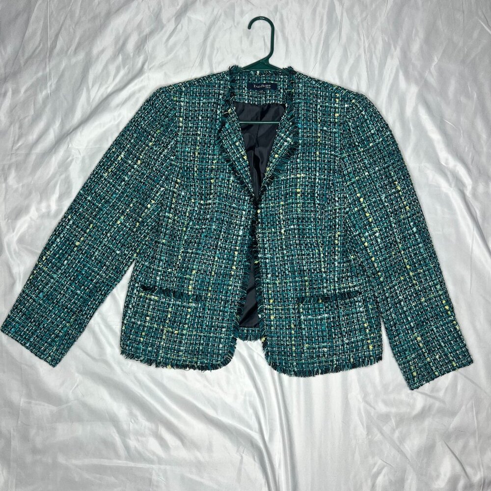 14 PETITE Evan-Picone Blue Green Black Tweed Blazer with Pockets- Business Suit